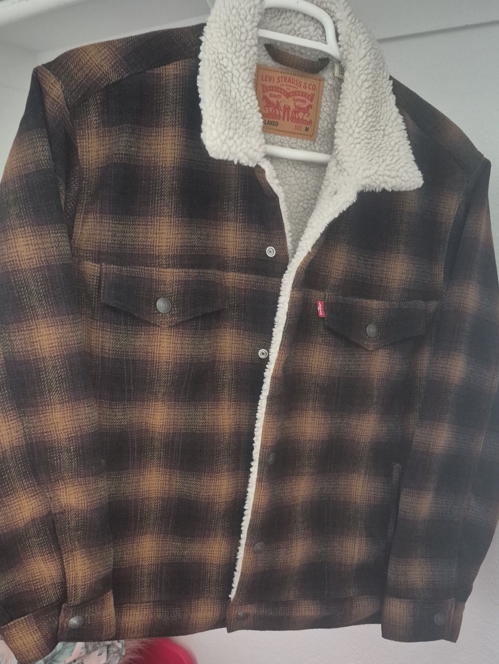 Levi's Brown and Black Plaid Sherpa-Lined Shirt Jacket Size M
